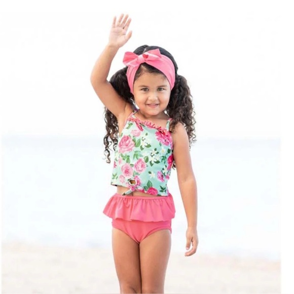 Ruffle Butts Tankini Little Girls Sz 5 Rosy Sweetheart Ruffle UPF 50 Swimsuit - Picture 1 of 6